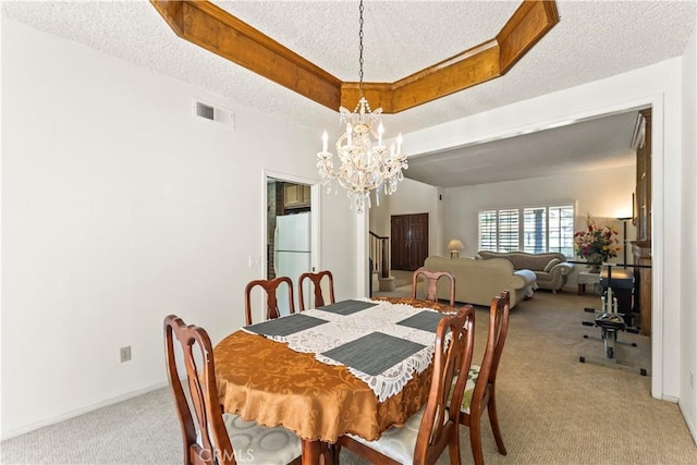 1825 Calle Madrid, Rowland Heights, CA 91748 - carpeted dining room featuring a chandelier, a textured ceiling, stairs, and a raised ceiling