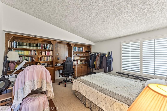 1825 Calle Madrid, Rowland Heights, CA 91748 - bedroom featuring a textured ceiling, carpet, vaulted ceiling, and an office area