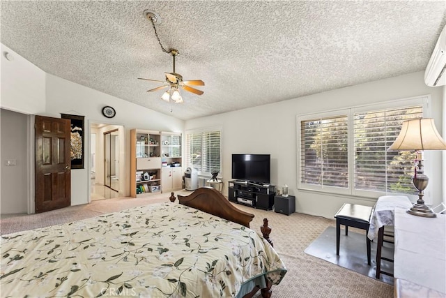 1825 Calle Madrid, Rowland Heights, CA 91748 - carpeted bedroom featuring a textured ceiling, lofted ceiling, ceiling fan, and a wall mounted air conditioner