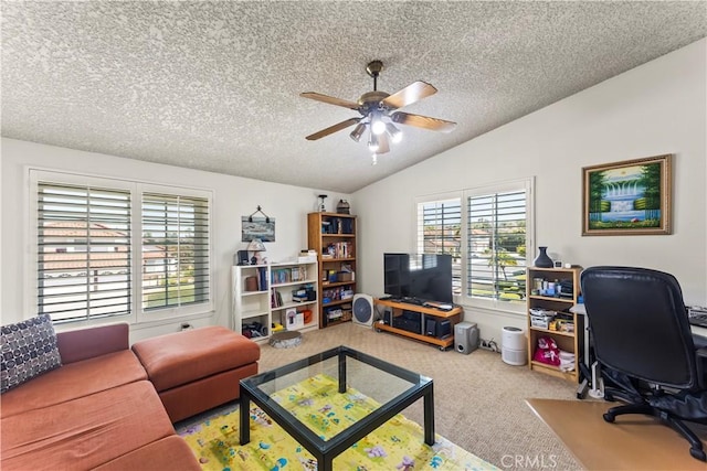 1825 Calle Madrid, Rowland Heights, CA 91748 - living room with a textured ceiling, carpet floors, a ceiling fan, healthy amount of natural light, and vaulted ceiling