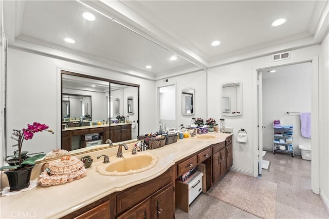 1825 Calle Madrid, Rowland Heights, CA 91748 - full bathroom featuring double vanity, recessed lighting, ornamental molding, and a raised ceiling