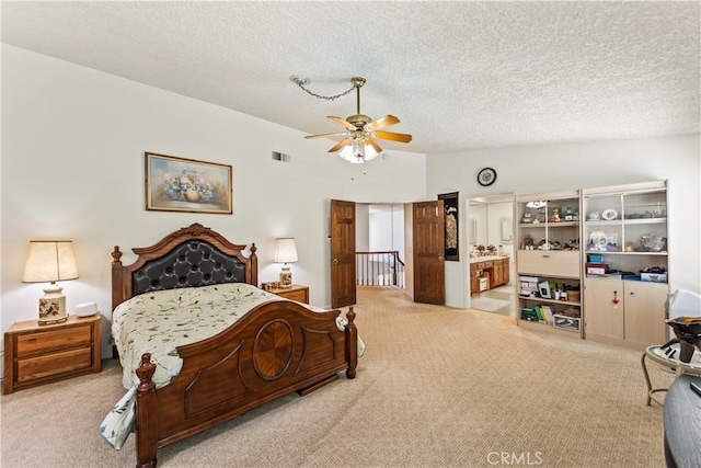 1825 Calle Madrid, Rowland Heights, CA 91748 - carpeted bedroom with vaulted ceiling, a textured ceiling, a ceiling fan, and ensuite bath