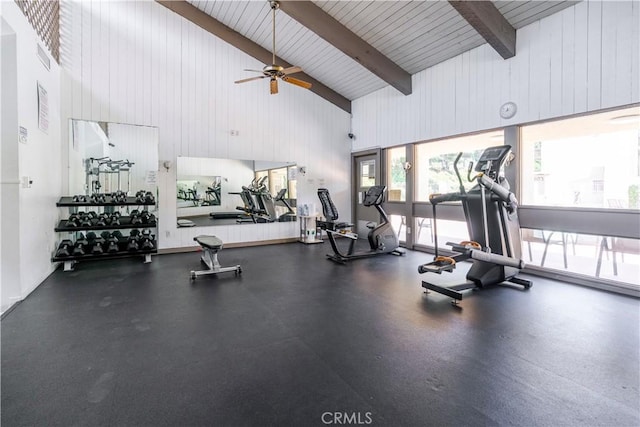 1620 Neil Armstrong St Unit 306, Montebello, CA 90640 - exercise room featuring high vaulted ceiling, beamed ceiling, a ceiling fan, and wood walls