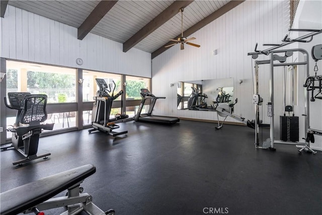 1620 Neil Armstrong St Unit 306, Montebello, CA 90640 - workout area featuring high vaulted ceiling, ceiling fan, wooden walls, and a wood ceiling with exposed beams