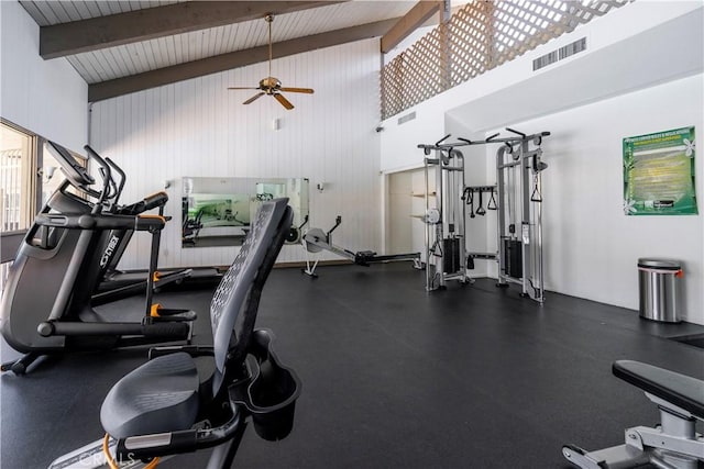 1620 Neil Armstrong St Unit 306, Montebello, CA 90640 - workout area featuring a ceiling fan, a high ceiling, and beam ceiling