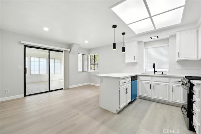10655 Springfield Dr, Rancho Cucamonga, CA 91730 - kitchen with stainless steel gas range oven, a peninsula, white cabinetry, light wood-style floors, and dishwasher