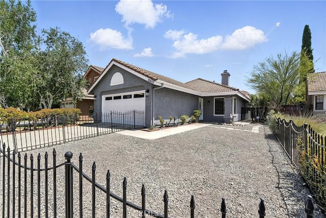 10655 Springfield Dr, Rancho Cucamonga, CA 91730 - ranch-style house featuring an attached garage, stucco siding, concrete driveway, a chimney, and a tiled roof