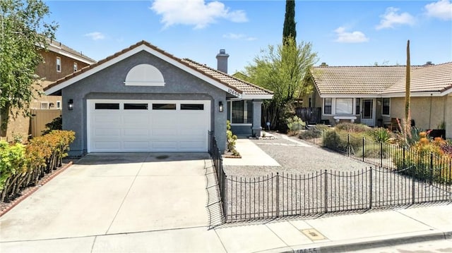 10655 Springfield Dr, Rancho Cucamonga, CA 91730 - ranch-style home with stucco siding, driveway, a garage, a chimney, and a tiled roof