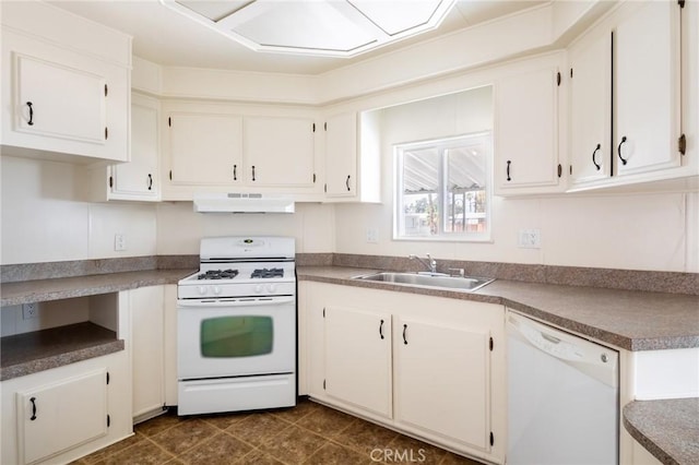 32540 San Miguelito Dr, Thousand Palms, CA 92276 - kitchen with white appliances, under cabinet range hood, white cabinetry, and dark tile patterned flooring