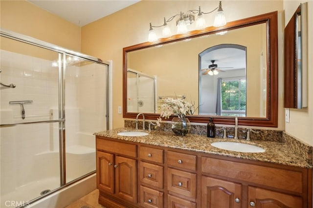15 Ardmore, Irvine, CA 92602 - full bath with a shower stall, a ceiling fan, and double vanity