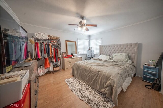 8936 Summerwood Way, Fontana, CA 92335 - bedroom with light wood-type flooring, ornamental molding, and ceiling fan