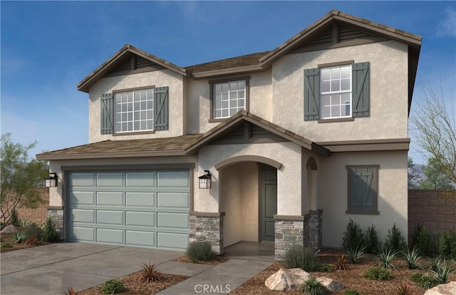 4671 Swan Ave, Lake Elsinore, CA 92530 - view of front of property featuring stucco siding, an attached garage, driveway, and stone siding