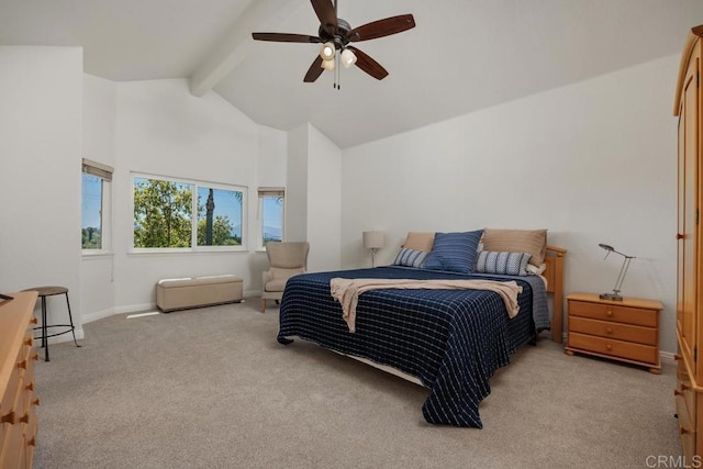 2270 Ritter Pl, Escondido, CA 92029 - bedroom featuring light colored carpet, beam ceiling, high vaulted ceiling, and a ceiling fan