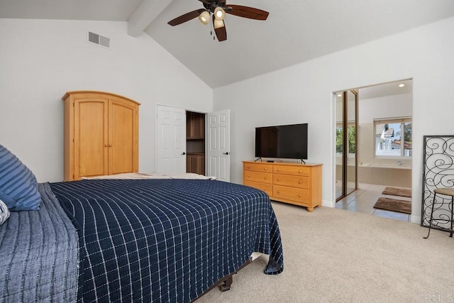 2270 Ritter Pl, Escondido, CA 92029 - bedroom featuring beam ceiling, light carpet, high vaulted ceiling, and a ceiling fan