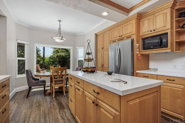 2270 Ritter Pl, Escondido, CA 92029 - kitchen with freestanding refrigerator, black microwave, open shelves, ornamental molding, and light countertops