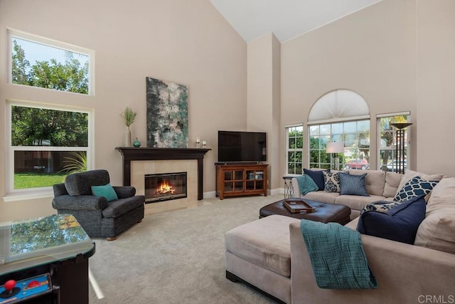 2270 Ritter Pl, Escondido, CA 92029 - carpeted living room featuring high vaulted ceiling and a tile fireplace