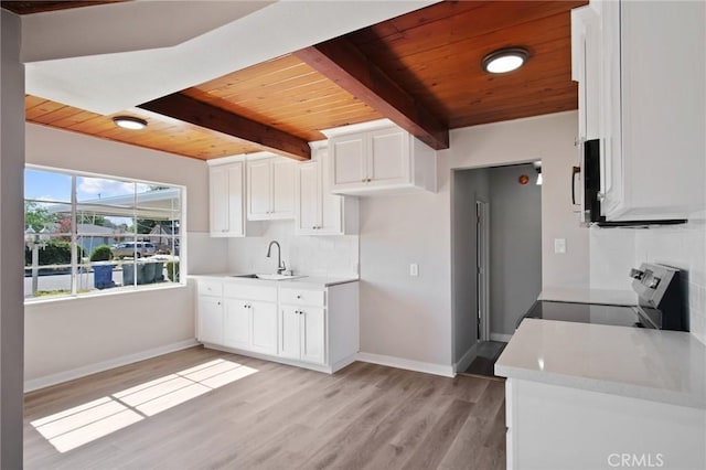 1625 Rose Ave, Merced, CA 95341 - kitchen with a wooden ceiling with exposed beams, electric range, backsplash, light wood-type flooring, and white cabinets