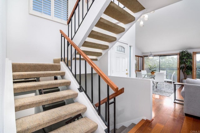 staircase featuring wood finished floors and a towering ceiling