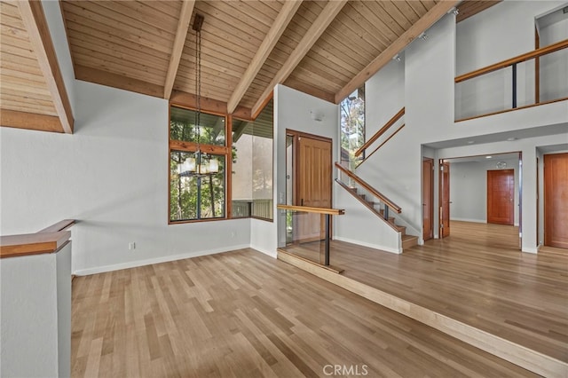 4 Woodhaven, Laguna Niguel, CA 92677 - unfurnished living room with high vaulted ceiling, wood finished floors, a wooden ceiling with exposed beams, a chandelier, and stairs