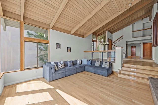 4 Woodhaven, Laguna Niguel, CA 92677 - living room featuring high vaulted ceiling, wood finished floors, stairs, and a wood ceiling with exposed beams