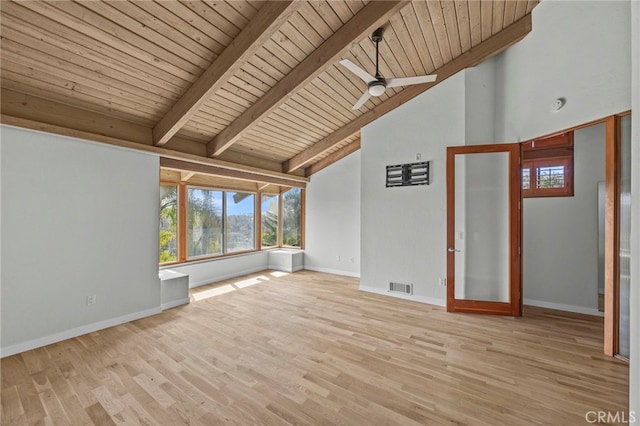 4 Woodhaven, Laguna Niguel, CA 92677 - unfurnished living room with wood finished floors, a ceiling fan, a wooden ceiling with exposed beams, and high vaulted ceiling