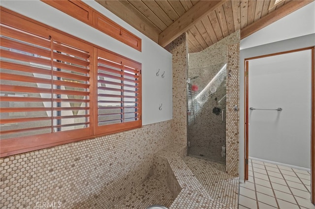 4 Woodhaven, Laguna Niguel, CA 92677 - full bath featuring tile patterned flooring, wooden ceiling, a stall shower, lofted ceiling, and tile walls