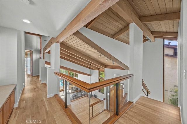 4 Woodhaven, Laguna Niguel, CA 92677 - hall featuring an upstairs landing, light wood-style floors, wooden ceiling, and recessed lighting