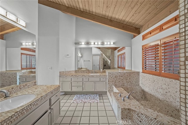 4 Woodhaven, Laguna Niguel, CA 92677 - bathroom with tile patterned floors, two vanities, a stall shower, wooden ceiling, and a bath