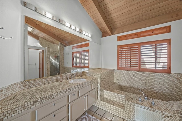 4 Woodhaven, Laguna Niguel, CA 92677 - full bath featuring wooden ceiling, vanity, tile patterned floors, and a stall shower