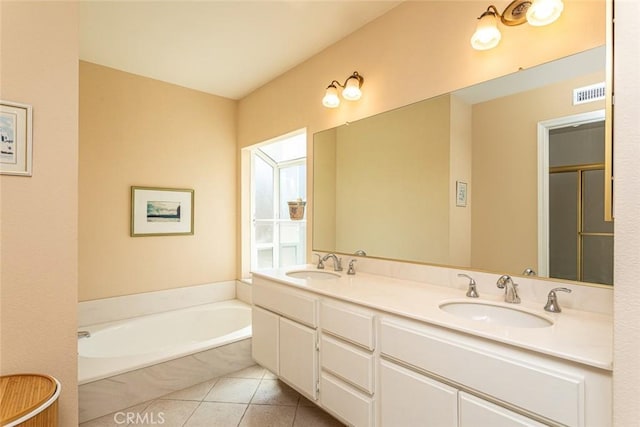 21094 Trailside Dr, Yorba Linda, CA 92887 - bathroom featuring tile patterned floors, a garden tub, and double vanity