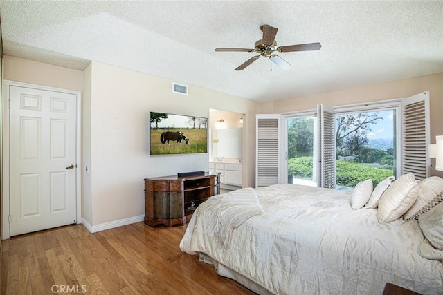 21094 Trailside Dr, Yorba Linda, CA 92887 - bedroom with a textured ceiling, wood finished floors, ceiling fan, and ensuite bath