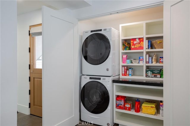 7141/2 Iris Ave, Newport Beach, CA 92625 - washroom featuring estacked washer and dryer and wood finished floors