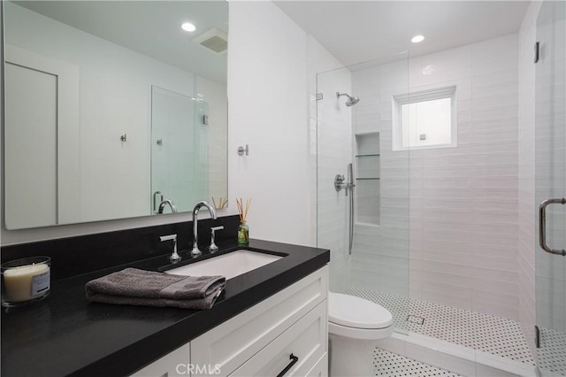 7141/2 Iris Ave, Newport Beach, CA 92625 - full bath featuring a stall shower, vanity, recessed lighting, and tile patterned floors