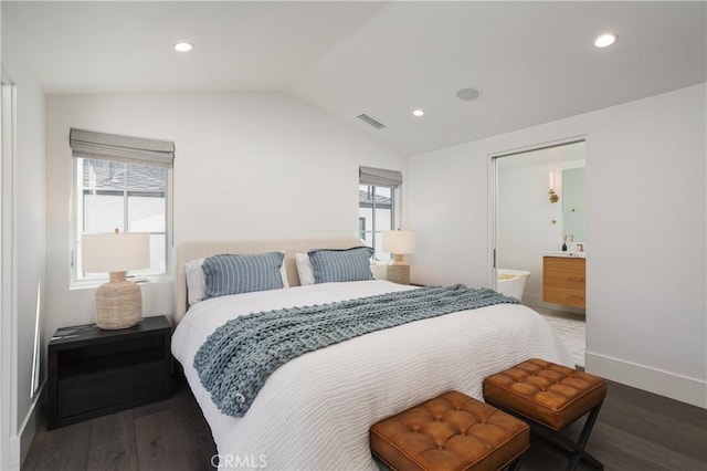 7141/2 Iris Ave, Newport Beach, CA 92625 - bedroom featuring lofted ceiling, wood finished floors, recessed lighting, and connected bathroom