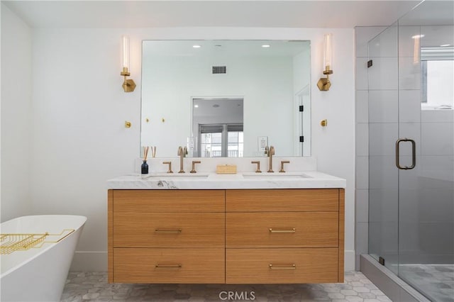 7141/2 Iris Ave, Newport Beach, CA 92625 - full bathroom with a shower stall, double vanity, a soaking tub, and recessed lighting