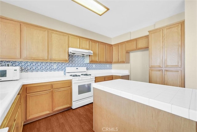 8305 Highridge Pl, Rancho Cucamonga, CA 91730 - kitchen with white appliances, under cabinet range hood, wood finished floors, and light brown cabinets