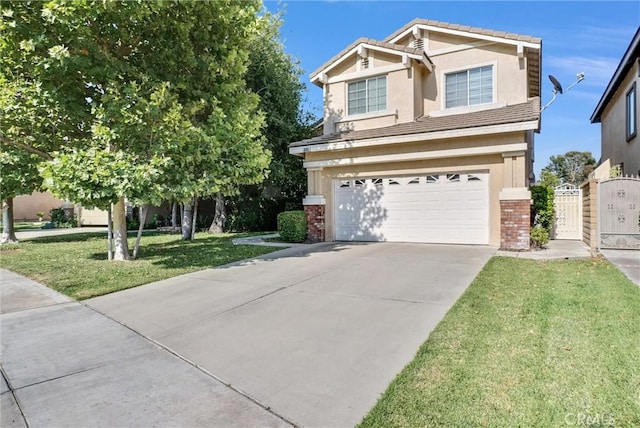 8305 Highridge Pl, Rancho Cucamonga, CA 91730 - view of front of home featuring an attached garage, driveway, a front yard, brick siding, and stucco siding