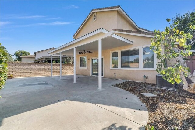 8305 Highridge Pl, Rancho Cucamonga, CA 91730 - back of house featuring a ceiling fan, stucco siding, and a patio