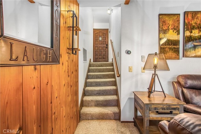 27657 Peninsula Dr, Lake Arrowhead, CA 92352 - stairs featuring carpet floors and baseboards