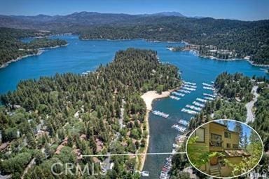 27657 Peninsula Dr, Lake Arrowhead, CA 92352 - bird's eye view of a water and mountain view and a heavily wooded area