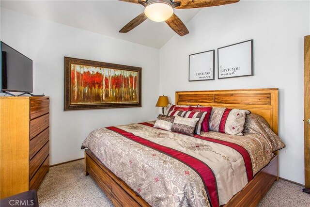 27657 Peninsula Dr, Lake Arrowhead, CA 92352 - bedroom with carpet floors, lofted ceiling, and ceiling fan