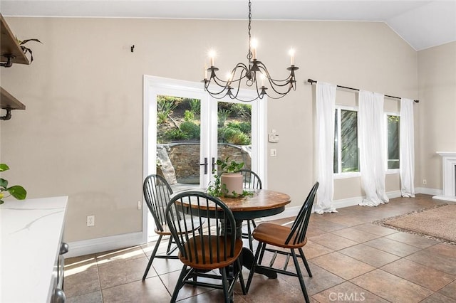464 Appleby St, Corona, CA 92881 - dining space featuring a chandelier, vaulted ceiling, and light tile patterned floors
