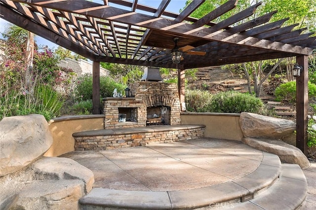 464 Appleby St, Corona, CA 92881 - view of patio / terrace featuring an outdoor stone fireplace, a ceiling fan, and a pergola