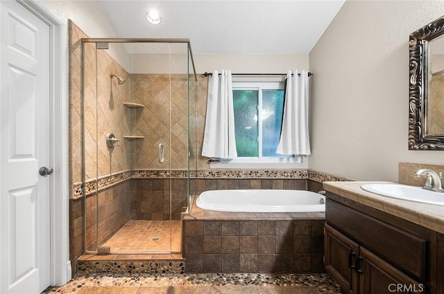 464 Appleby St, Corona, CA 92881 - bathroom featuring a garden tub, a stall shower, and vanity