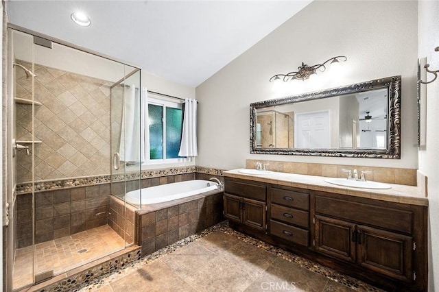464 Appleby St, Corona, CA 92881 - full bath featuring lofted ceiling, a shower stall, a bath, and double vanity