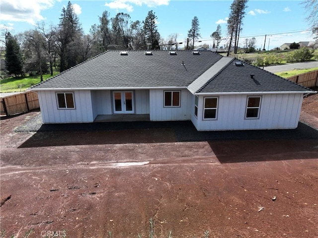 5980 Crestmoor Dr, Paradise, CA 95969 - rear view of property with french doors, a shingled roof, board and batten siding, and a patio