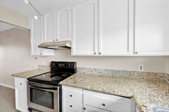 1866 Forestdale Dr, Encinitas, CA 92024 - kitchen featuring stainless steel electric range, under cabinet range hood, white cabinetry, and light stone countertops