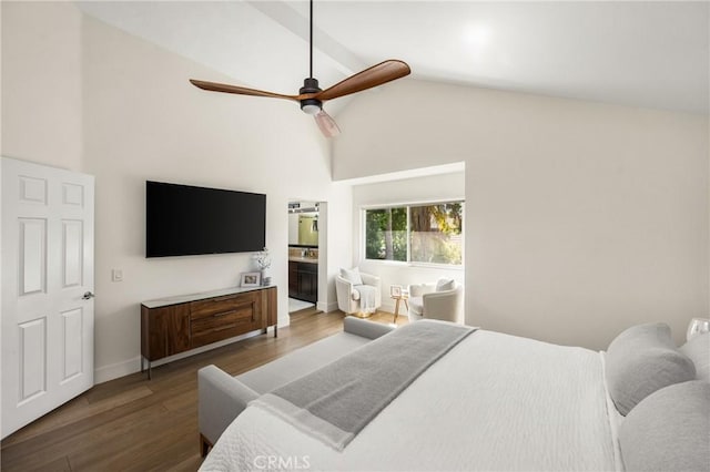 5 Bergamo, Irvine, CA 92614 - bedroom with high vaulted ceiling, dark wood finished floors, a ceiling fan, and ensuite bath
