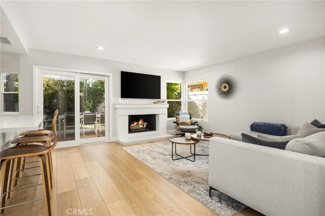 5 Bergamo, Irvine, CA 92614 - living room featuring wood finished floors, a warm lit fireplace, and recessed lighting