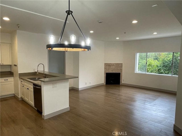 14914 Hamlin St Unit 105, Van Nuys, CA 91411 - kitchen with dishwasher, white cabinets, open floor plan, dark wood finished floors, and recessed lighting